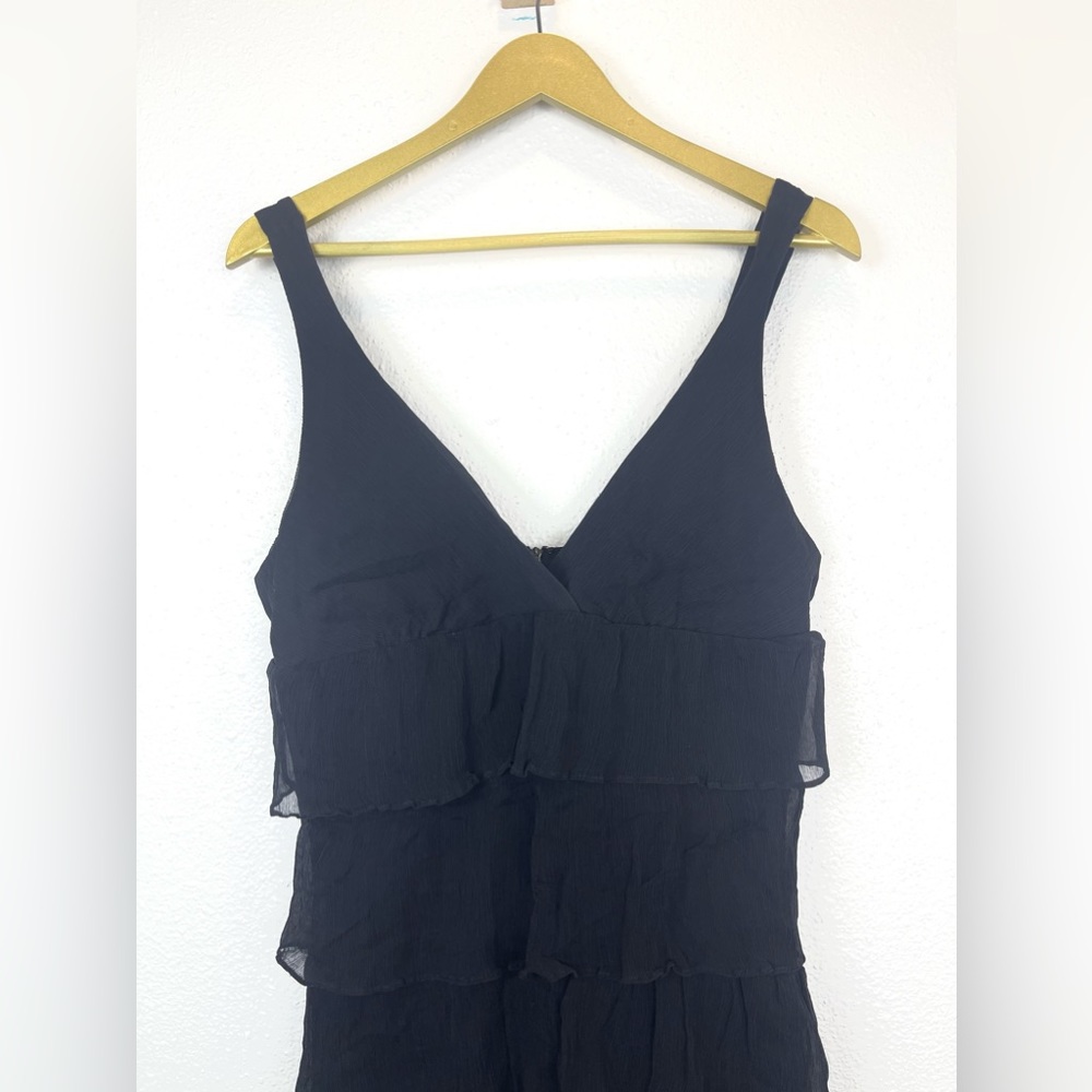 J. Crew Zadie 100% Silk Black Mini Dress Tiered Ruffle V-Neck Size 10 - Picture 4 of 10